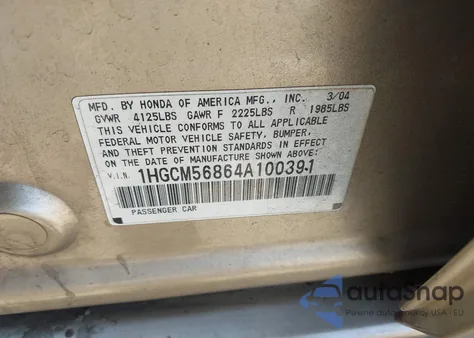 2004 Honda Accord 2.4 Ex из США, поврежденный, VIN 1HGCM56864A100391